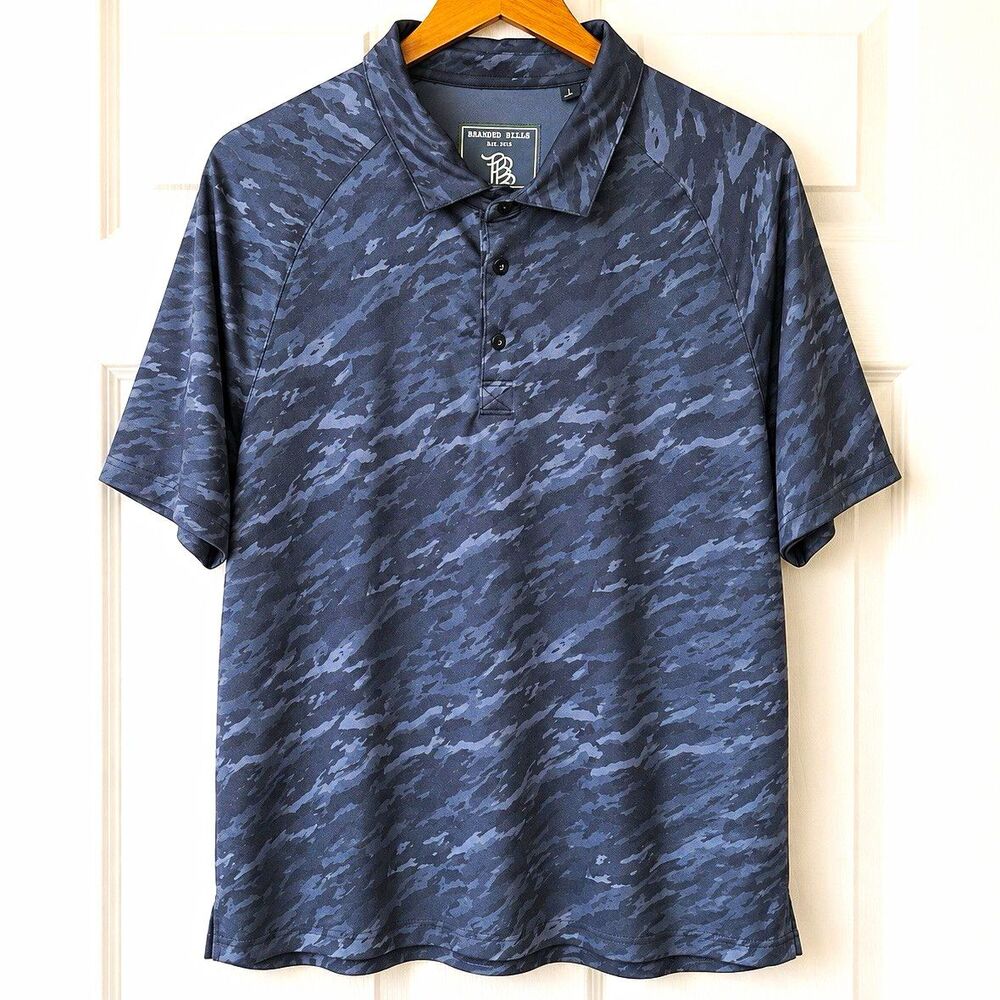 Branded Bills Men’s L Gray/Black Camo Polo Shirt Short Sleeve Button Placket